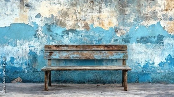 Fototapeta Rustic Bench Against a Distressed Blue Wall: A Study in Texture and Color Harmony