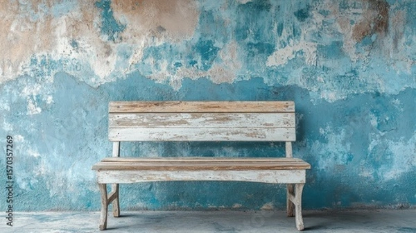 Fototapeta Rustic charm captured: A weathered bench against a textured blue wall backdrop