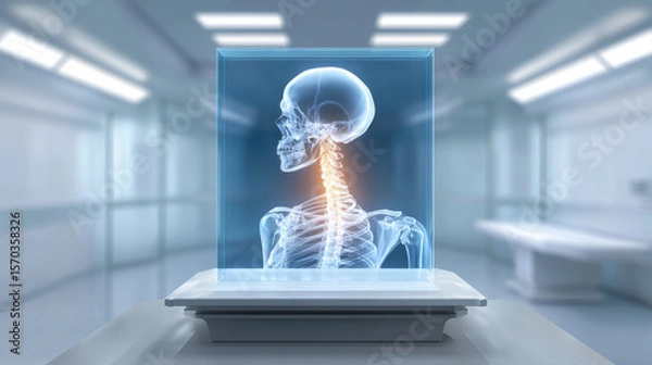 Fototapeta Transparent display showcases detailed human skeleton, highlighting spine and skull modern medical environment. setting
