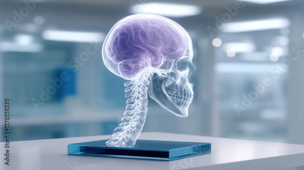 Fototapeta Detailed anatomical model of human skull and brain, showcasing intricate structure of human nervous system. This educational