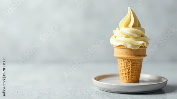Fototapeta A Single Serving of Creamy Frozen Dairy Dessert in a Waffle Cone on a Plate