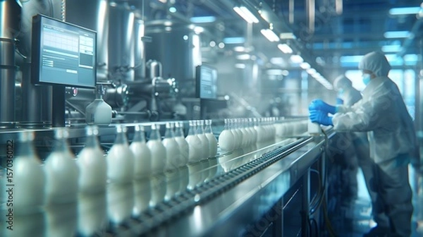 Obraz Employees in a dairy processing plant inspecting 