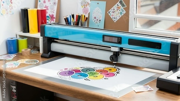 Obraz A machine precisely cuts a colorful, artistic design on a bright surface in a craft setting.