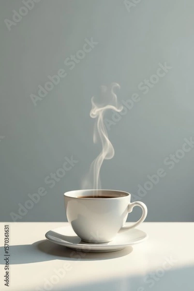 Fototapeta Aromatic Steam Rising from a Single Cup of Coffee on a White Saucer