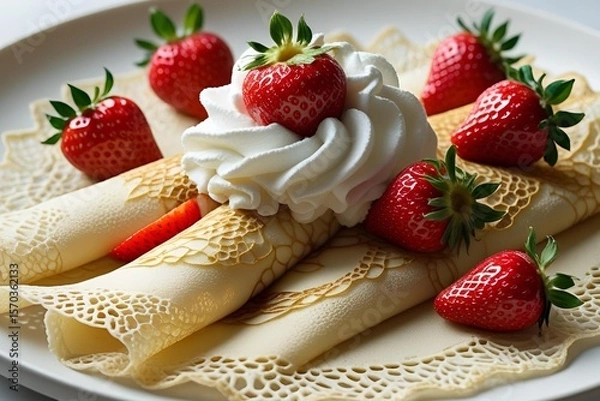 Fototapeta Delicate Rolled Crepes with Whipped Cream and Fresh Strawberries