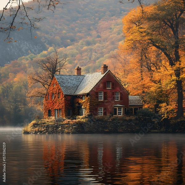 Fototapeta A photograph of a red stone house cloaked in ivy, nestled across a calm river, surrounded by vivid autumn trees, orange and amber foliage reflecting in the water,