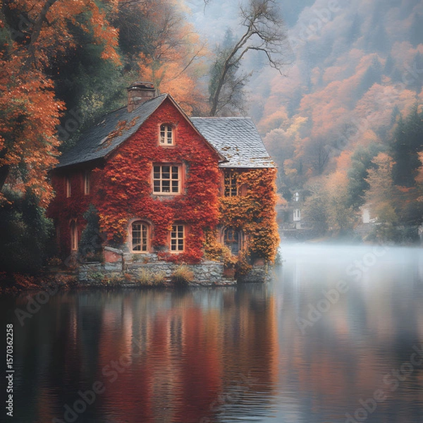 Fototapeta A photograph of a red stone house cloaked in ivy, nestled across a calm river, surrounded by vivid autumn trees, orange and amber foliage reflecting in the water,