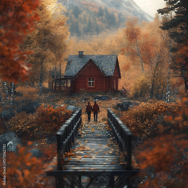Fototapeta A peaceful walk through an autumn forest with a couple on a bridge leading to a cozy red cottage, vibrant leaves surrounding them, distant hills blurred in soft focus.
