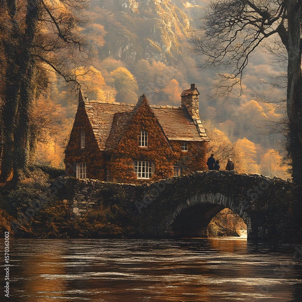 Fototapeta A photograph of a red stone cottage covered in ivy, nestled beside the Llbermaig River, golden autumn trees on both sides, a couple crossing an old stone bridge toward the house,