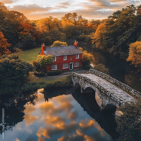 Fototapeta A peaceful riverscape with a red cottage cloaked in ivy, across a still river with orange-leafed trees, soft clouds overhead, stone bridge crossing gently toward the home.