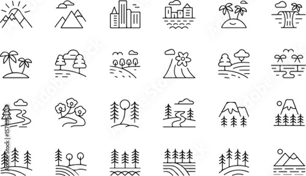 Fototapeta Nature and landscape line icons set – outline, vector, scenery, environment symbols
