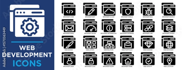 Fototapeta web development, web, business, computer, technology, developer icon set. Outline icons collection. Simple vector illustration	
