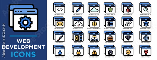 Fototapeta web development, web, business, computer, technology, developer icon set. Outline icons collection. Simple vector illustration	