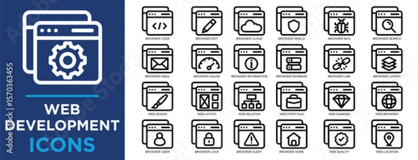 Fototapeta web development, web, business, computer, technology, developer icon set. Outline icons collection. Simple vector illustration	