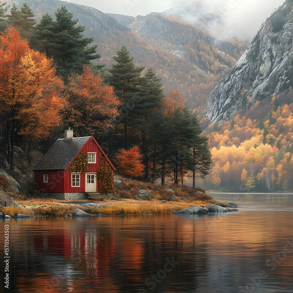 Fototapeta A peaceful countryside scene showing a red ivy-clad cottage on the opposite riverbank, surrounded by fall forest, mountains in background, golden reflections on the slow-moving water.
