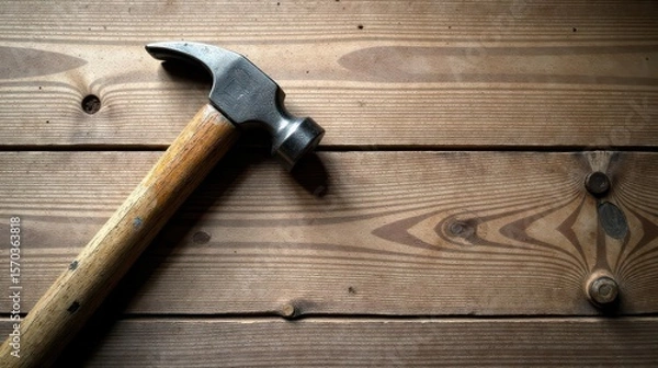 Fototapeta A well-worn claw hammer rests diagonally on a rustic wooden surface, showcasing the grain and texture of the wood