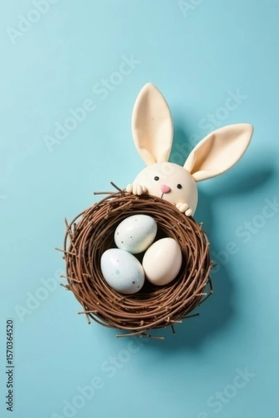 Fototapeta A whimsical bunny peeking from a bird's nest filled with pastel eggs against a light blue background.