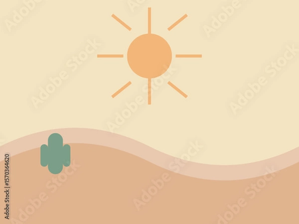 Fototapeta Cactus on Sand Dune with Sunburst in Desertcore Style