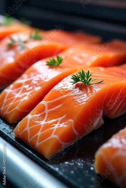 Fototapeta Contaminated Salmon Filets A Close-Up View of Spoiled Fish in Supermarket Display, Highlighting Food Safety Risks