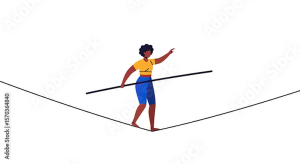 Fototapeta Illustration of a person balancing on a tightrope with a balancing pole and focus