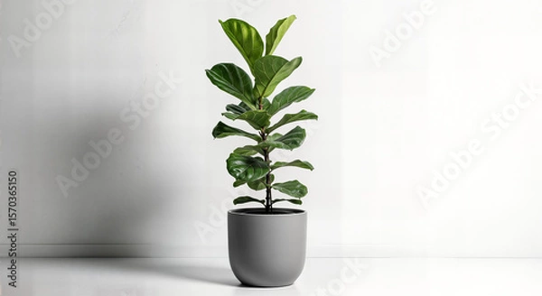 Fototapeta Modern Indoor Fiddle Leaf Fig (Ficus lyrata) in a Stylish Grey Pot on White Background - Trendy Low-Maintenance Houseplant for Elegant Home and Office Decor, Natural Air Purifier and Indoor Foliage