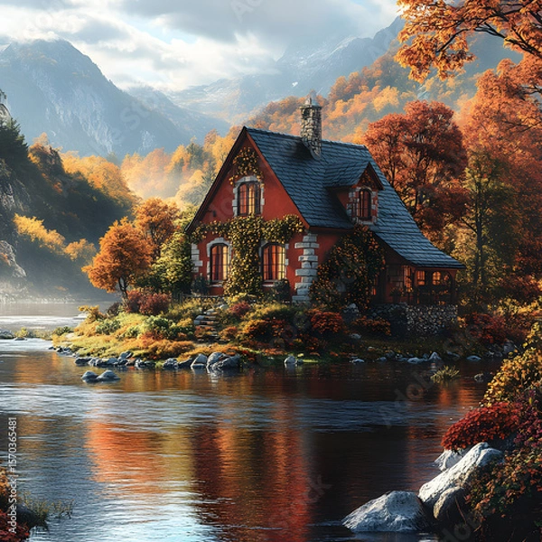 Fototapeta A cozy ivy-wrapped cottage of red stone across a quiet flowing river, framed by golden autumn leaves and distant blue-gray mountains, low-angle perspective, crisp fall air atmosphere.