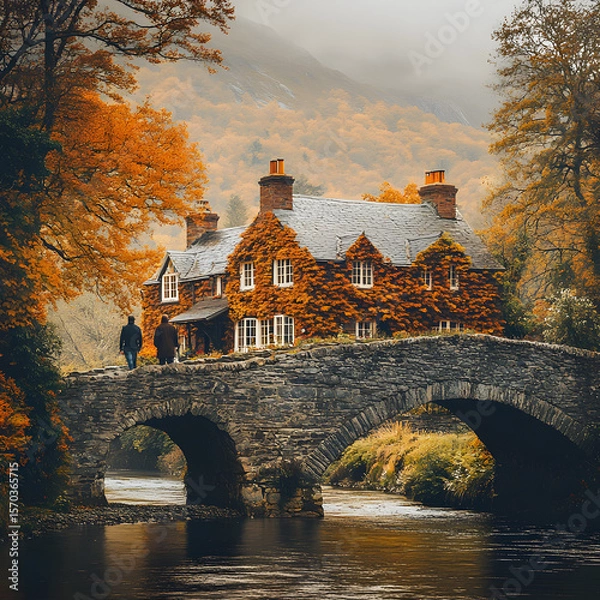 Fototapeta A couple walking across an arched stone bridge toward an ivy-covered red stone cottage, nestled among orange and golden trees, with distant misty mountains rising behind the house,