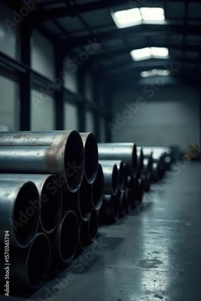 Fototapeta Industrial steel pipes stacked neatly in a warehouse setting, showcasing a dimly lit interior with a focus on the metallic texture and cylindrical forms.