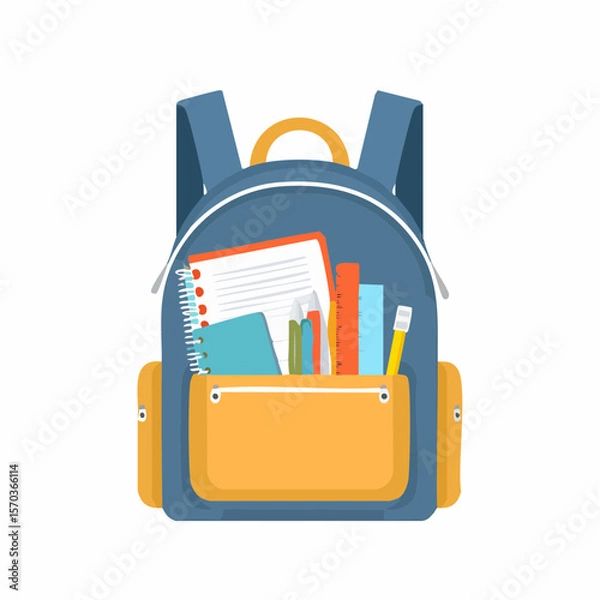 Fototapeta Open backpack design with school supplies like notebooks, pencils, and a ruler, ideal for education themed projects.