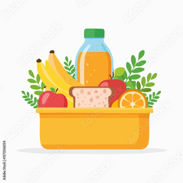 Fototapeta Healthy lunchbox design features a balanced assortment of fruits, juice, and sandwich, promoting nutrition and well-being.