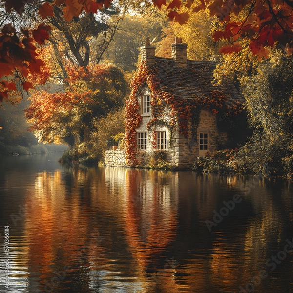 Fototapeta A calm river reflecting brilliant autumn trees and an ivy-covered stone cottage on the far bank, golden and crimson leaves surrounding the scene, warm afternoon glow, perfect mirror effect.