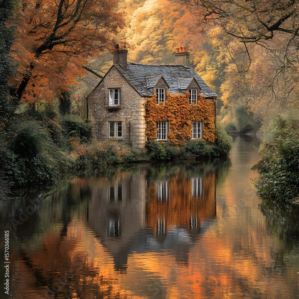 Fototapeta A calm river reflecting brilliant autumn trees and an ivy-covered stone cottage on the far bank, golden and crimson leaves surrounding the scene, warm afternoon glow, perfect mirror effect.