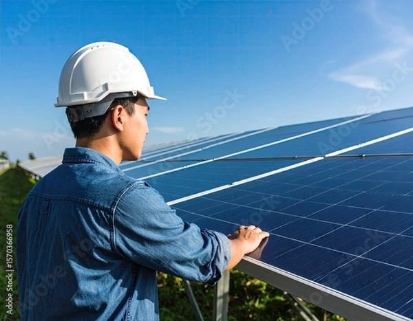 Fototapeta Engineer examining solar panels