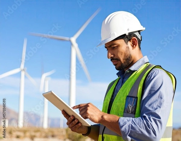 Fototapeta Engineer inspecting wind turbines