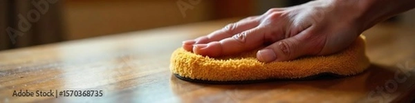 Fototapeta Polishing Wood Close-up of a Soft Cloth Buffing Rich, Warm Wooden Surface to a Gleaming Shine Indoors