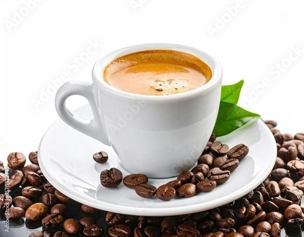 Fototapeta Espresso in white cup with coffee beans