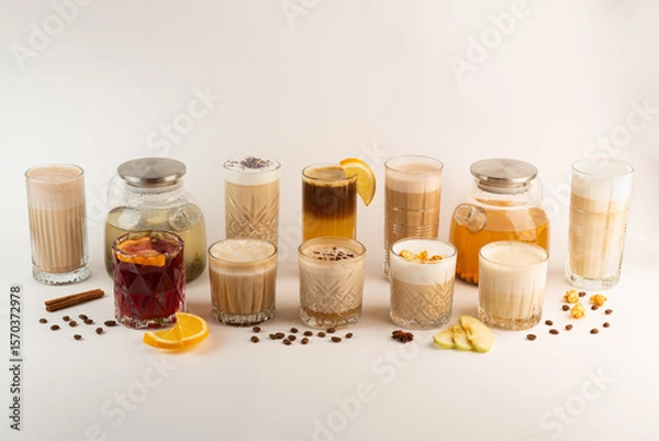 Fototapeta A variety of autumn drinks in glasses, including coffee, tea, and mulled wine, arranged in a row on a white background