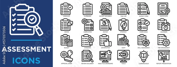 Fototapeta assessment, evaluation, review, quality, technology, document icon set. Outline icons collection. Simple vector illustration