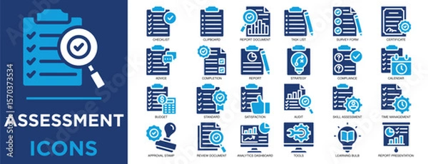 Fototapeta assessment, evaluation, review, quality, technology, document icon set. Outline icons collection. Simple vector illustration