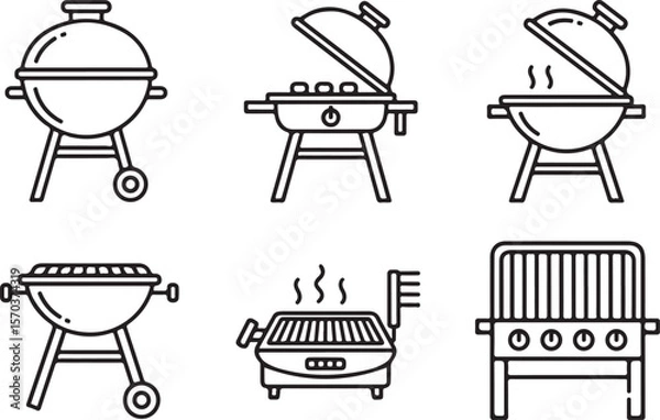 Fototapeta Collection of BBQ Grills in Outline Style, Different Types of Grills for Outdoor Cooking