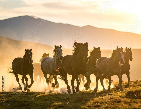 Fototapeta Horses running in a field at sunset