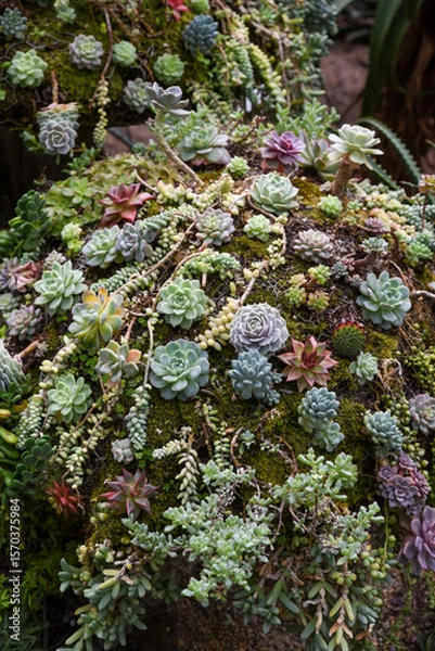 Fototapeta Vertical view of a lush succulent arrangement with various Echeveria and Sedum species growing on moss-covered surface in a desert garden.