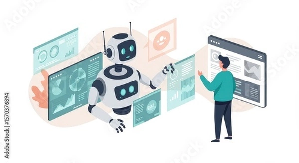 Obraz Futuristic Robot and Human Collaboration Analyzing Data on Digital Screens