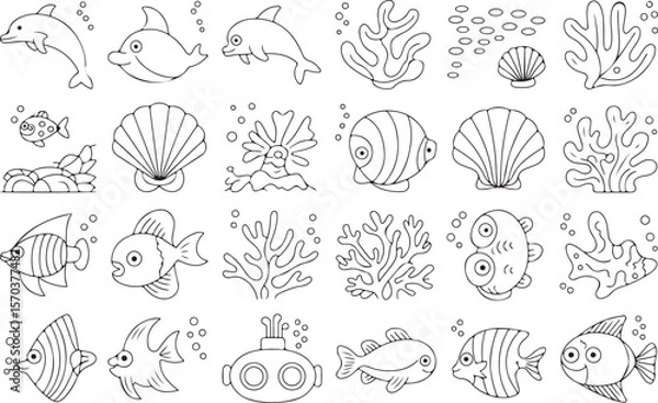 Fototapeta Marine Life, Nautical Elements line icon set. Vector pictograms of sea creatures, sailing, underwater exploration, sailboat, lighthouse, ship, anchor, compass, coral reef thin linear illustration. Nau