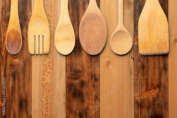 Fototapeta Wooden Kitchen Utensils on Rustic Wooden Surface in Natural Light. File with Clipping Path.