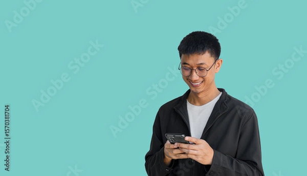 Obraz Young Asian man in his 20s wear glasses and wearing a black coat is happily playing on a mobile phone isolated on a blue background. Typing and chatting with friends via smartphone. Online social