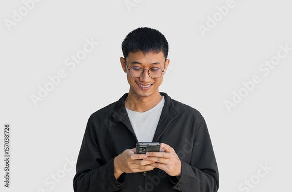 Obraz Young Asian man in his 20s wear glasses and wearing a black coat is happily playing on a mobile phone isolated on a grey background. Typing and chatting with friends via smartphone. Online social