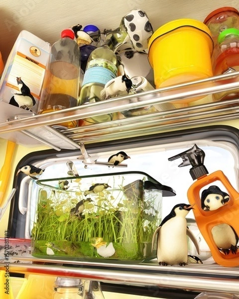 Obraz Futuristic kitchen with nature-inspired appliances, including a fridge using penguin-like insulation, bathed in soft natural light and ultra-clean design.