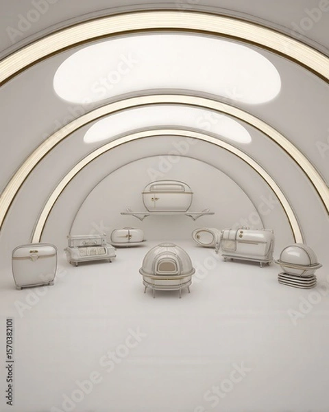 Obraz Futuristic kitchen with nature-inspired appliances, including a fridge using penguin-like insulation, bathed in soft natural light and ultra-clean design.