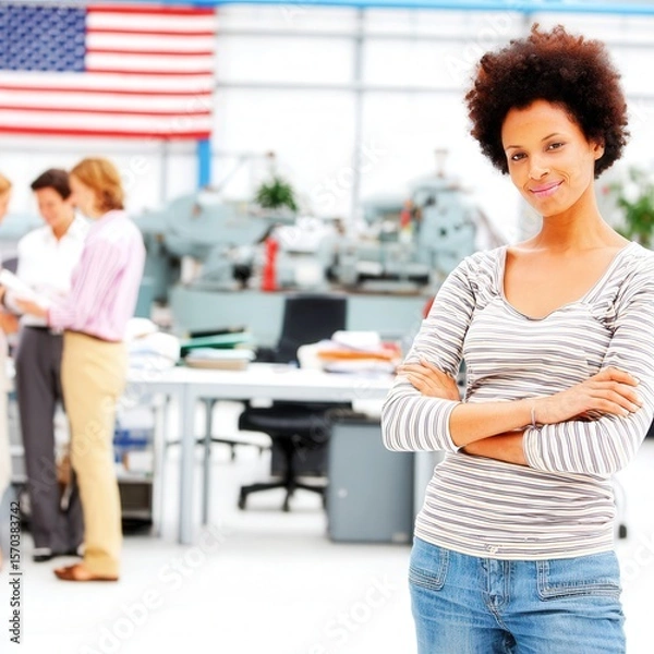 Obraz Confident Black entrepreneur meets the camera in a stylish office, US flag draped behind, her steady gaze radiates leadership and ambition.